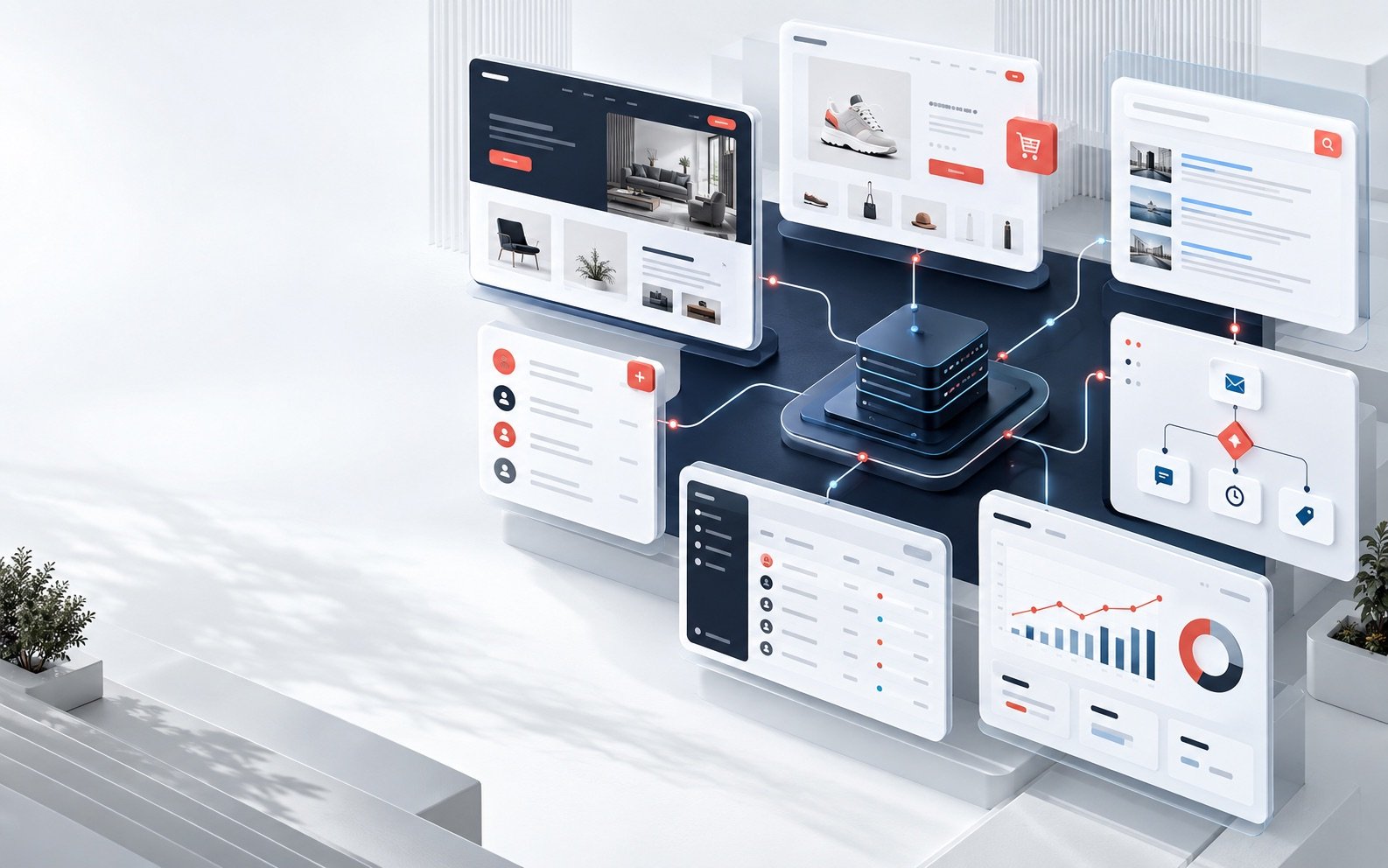 Connected digital growth system with website, ecommerce, workflow automation, customer data, search, and analytics interfaces