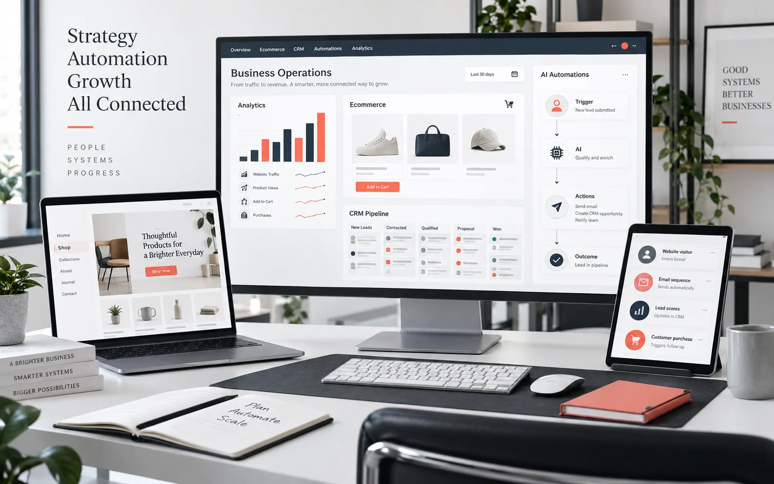 Connected website, ecommerce, CRM, analytics, and AI automation workspace Connected website, ecommerce, CRM, analytics, and AI automation workspace