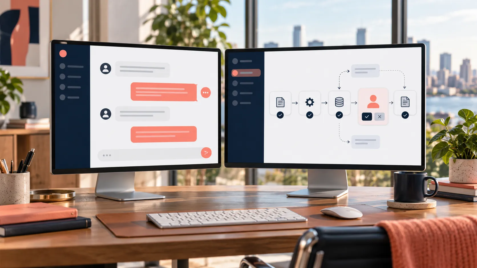 Customer chat interface beside a multistep workflow on office monitors