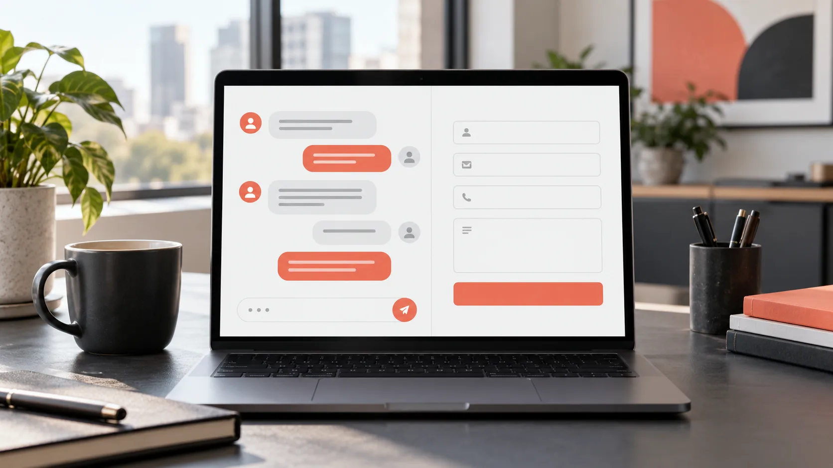 Laptop showing a chatbot conversation beside a service inquiry form