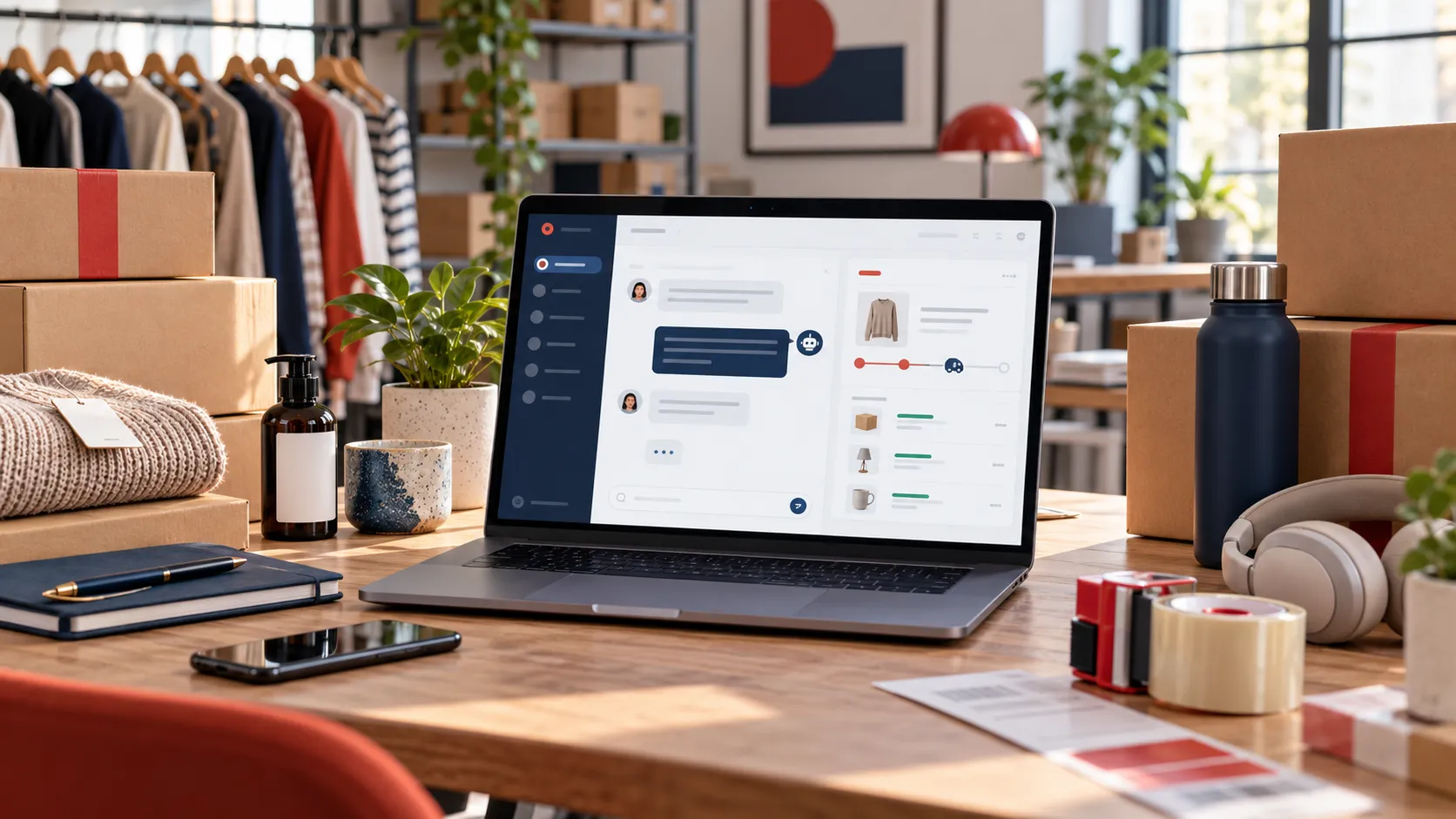 Ecommerce products and support conversation beside an order-status screen
