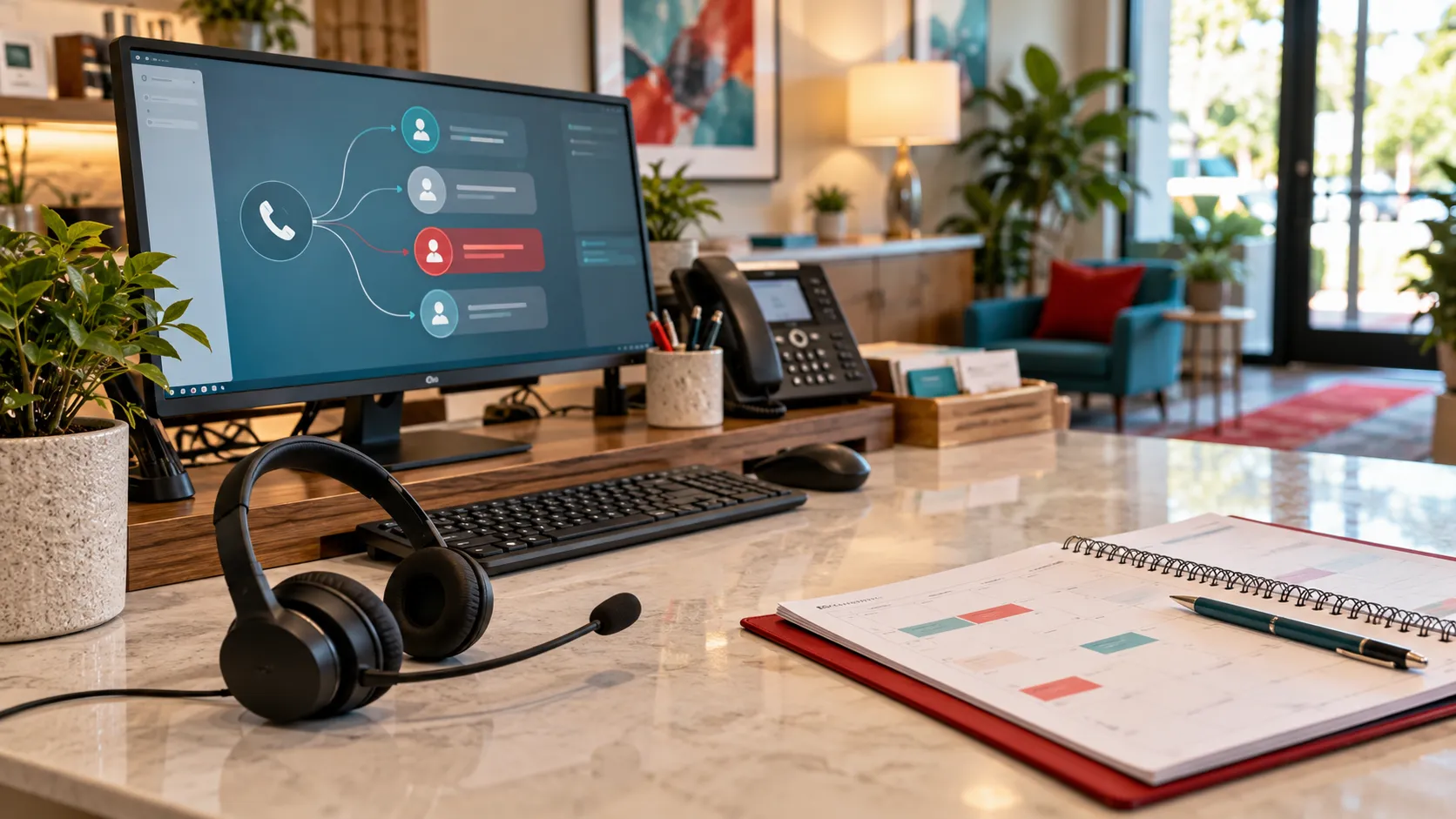 Reception headset and appointment calendar beside a call-routing screen