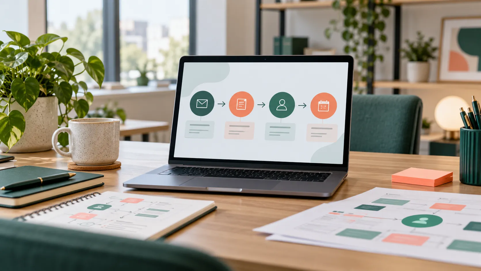 Service business desk with a simple inquiry-to-follow-up workflow on a laptop