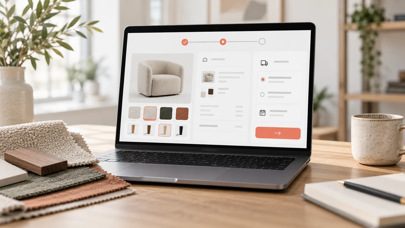 Laptop checkout for configurable products beside a physical product sample