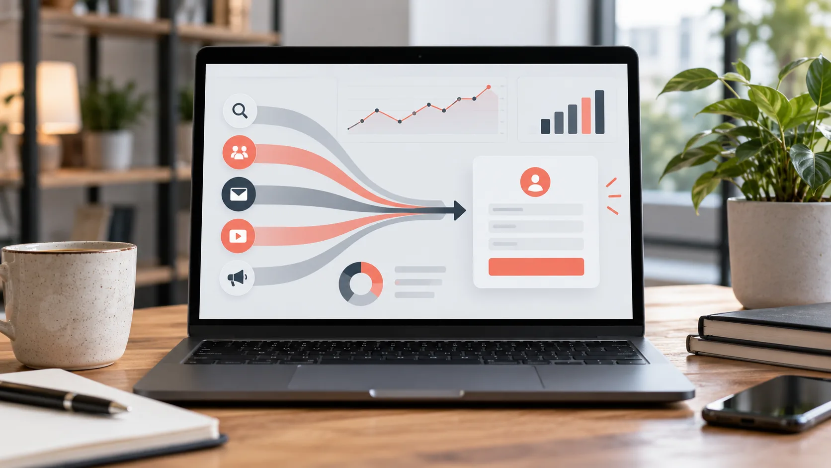 Analytics dashboard connecting traffic sources to a lead inquiry path