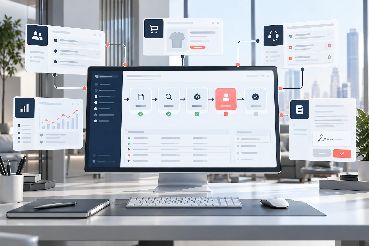 Governed agentic AI system coordinating CRM, ecommerce, support, analytics, and human approval steps Governed agentic AI system coordinating CRM, ecommerce, support, analytics, and human approval steps