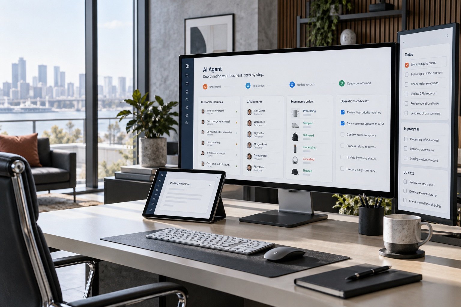 Supervised AI agent coordinating customer inquiries, CRM records, ecommerce orders, and operational tasks