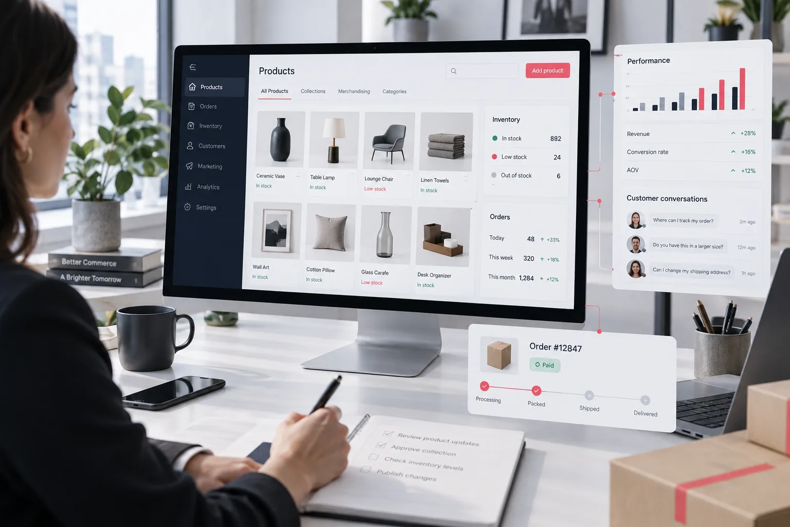 Ecommerce operator reviewing product catalog, inventory, customer conversations, order workflow, and performance information Ecommerce operator reviewing product catalog, inventory, customer conversations, order workflow, and performance information