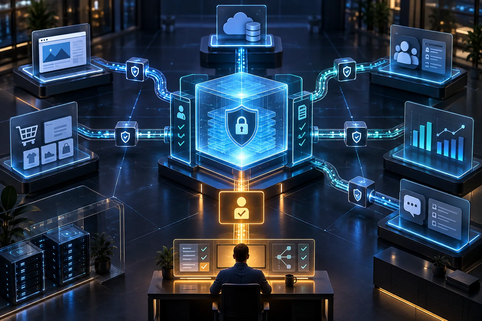 Secure AI integration gateway connecting website, CRM, ecommerce, analytics, support, data, and human approval systems Secure AI integration gateway connecting website, CRM, ecommerce, analytics, support, data, and human approval systems