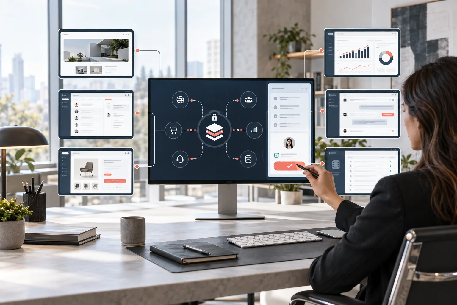 Secure AI integration gateway connecting website, CRM, ecommerce, analytics, support, data, and human approval systems Secure AI integration gateway connecting website, CRM, ecommerce, analytics, support, data, and human approval systems