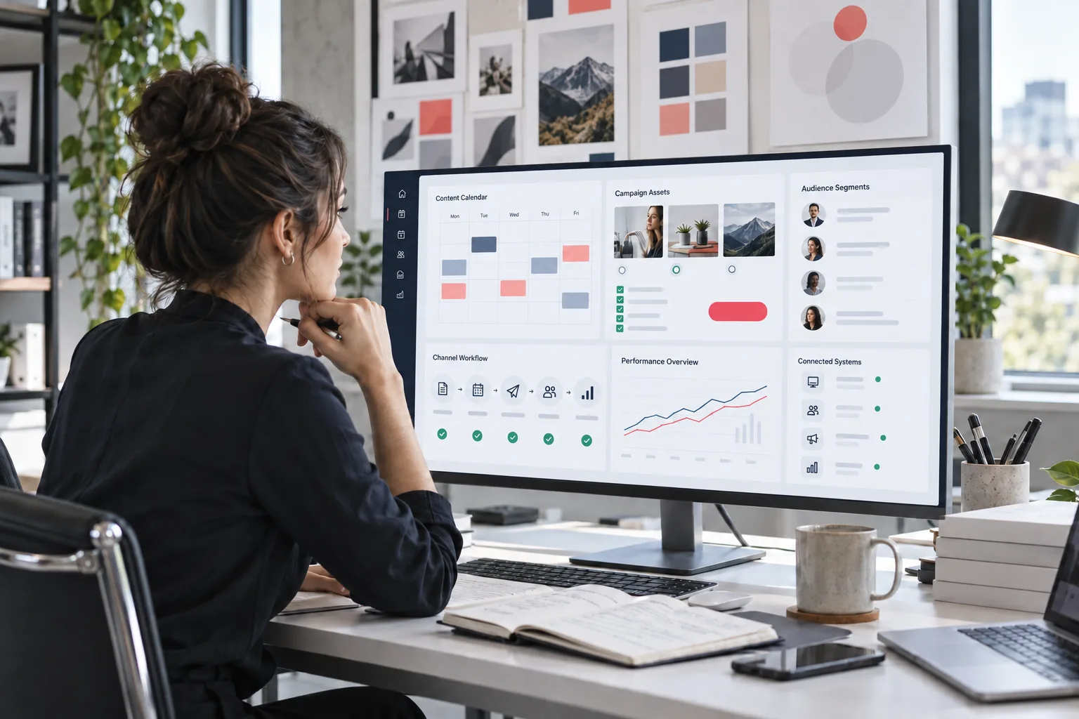 Marketing strategist reviewing content calendar, campaign assets, audience workflow, connected systems, and reporting Marketing strategist reviewing content calendar, campaign assets, audience workflow, connected systems, and reporting