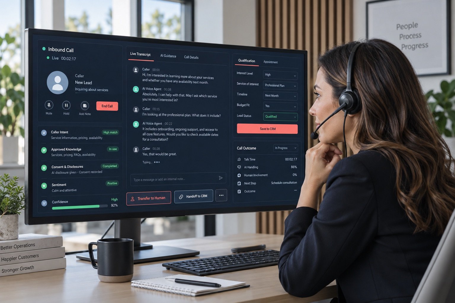 AI voice agent system showing an inbound call, live transcript, qualification, disclosure status, CRM handoff, and human transfer AI voice agent system showing an inbound call, live transcript, qualification, disclosure status, CRM handoff, and human transfer