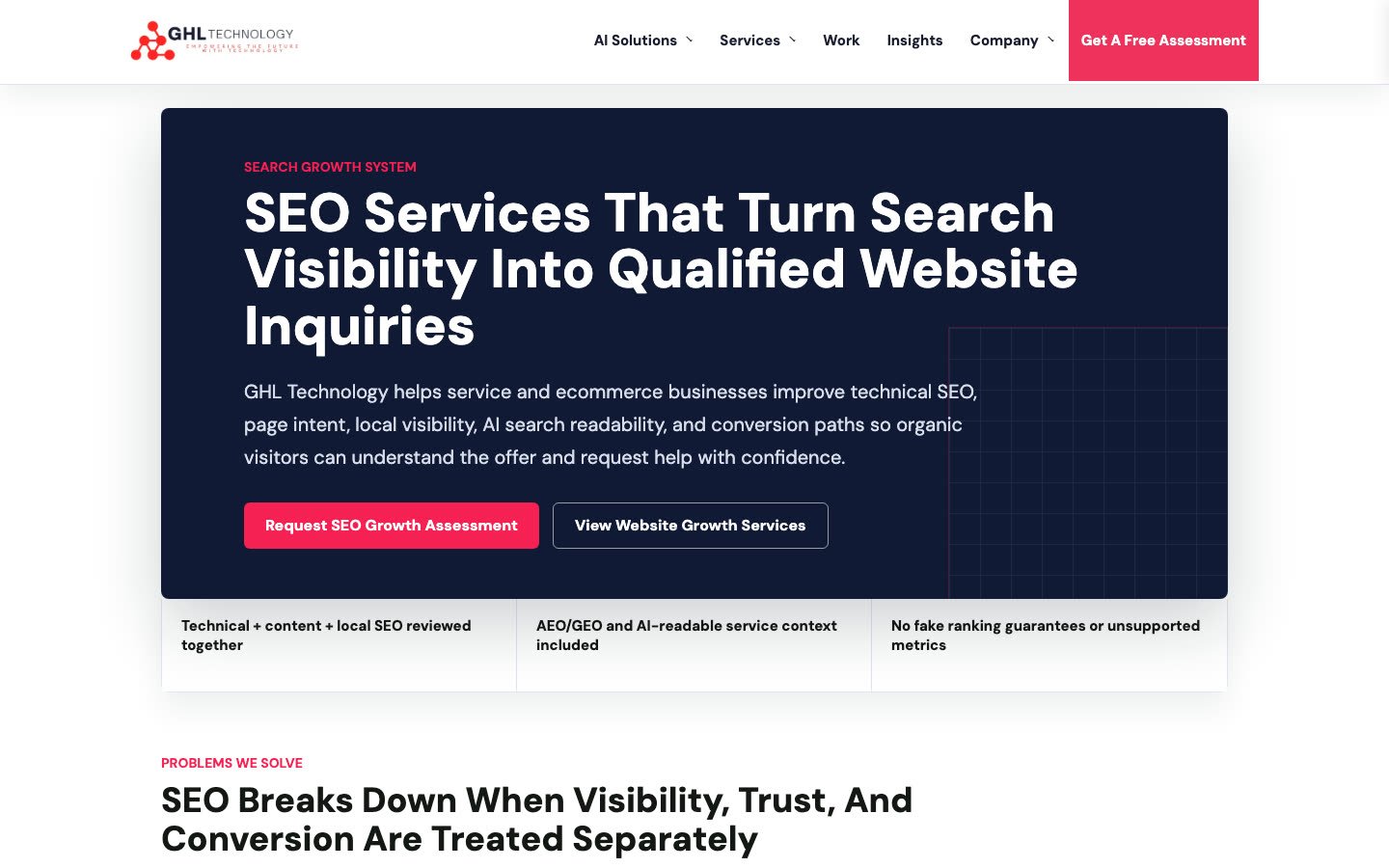 GHL SEO service page before the October 2026 visual and evidence update