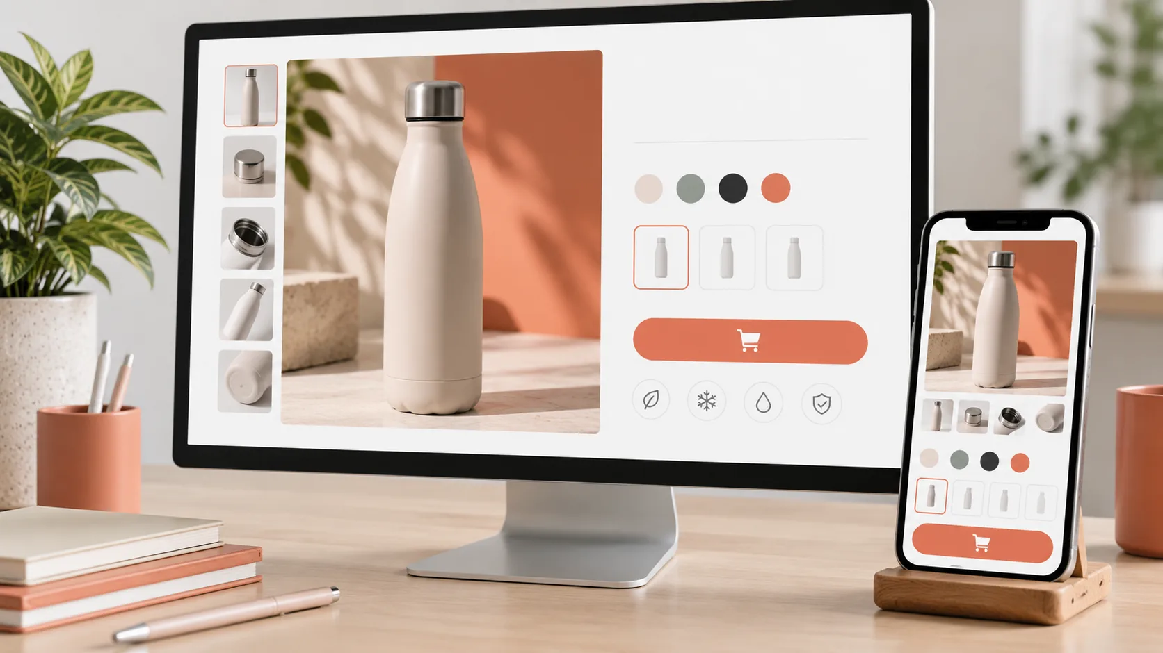 Desktop and mobile product detail pages with product imagery and purchase controls