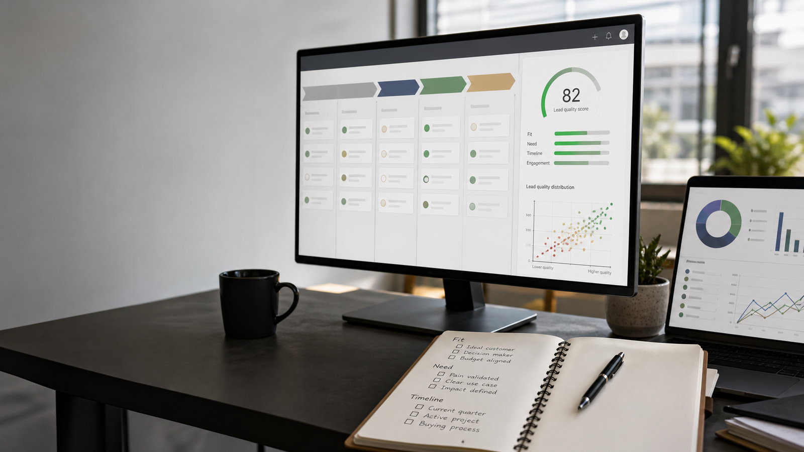 Marketing team reviewing lead quality data and campaign source tracking on a dashboard Marketing team reviewing lead quality data and campaign source tracking on a dashboard